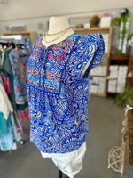 Women's Blue Embroidered Short Ruffle Sleeve Top