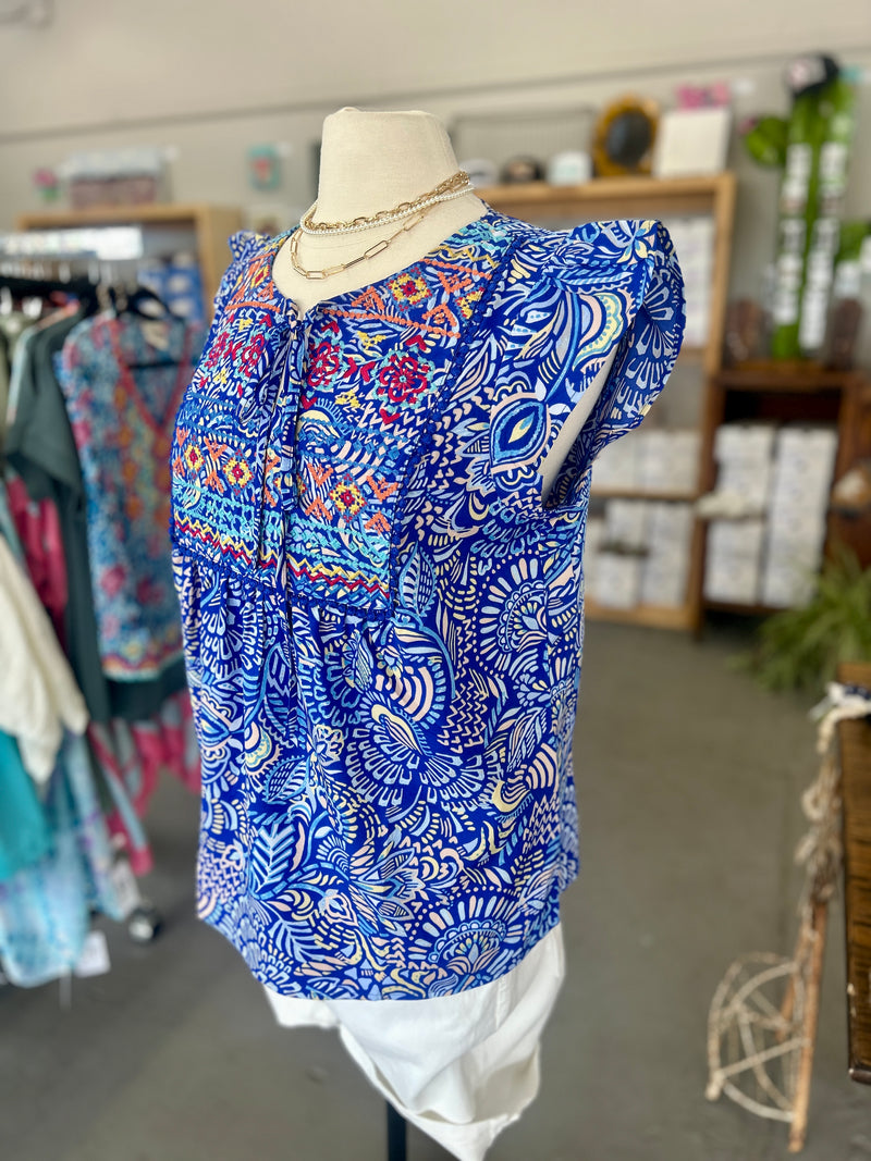 Women's Blue Embroidered Short Ruffle Sleeve Top