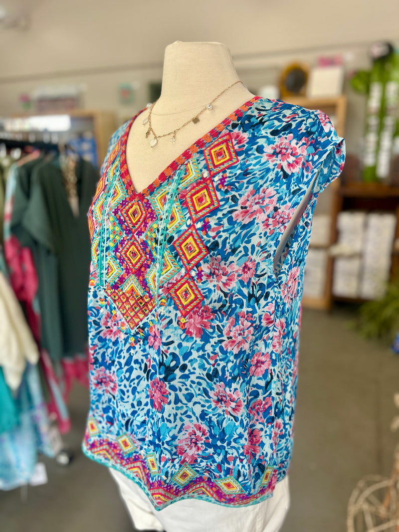 Women's Blue Floral Embroidered Sleeveless Top