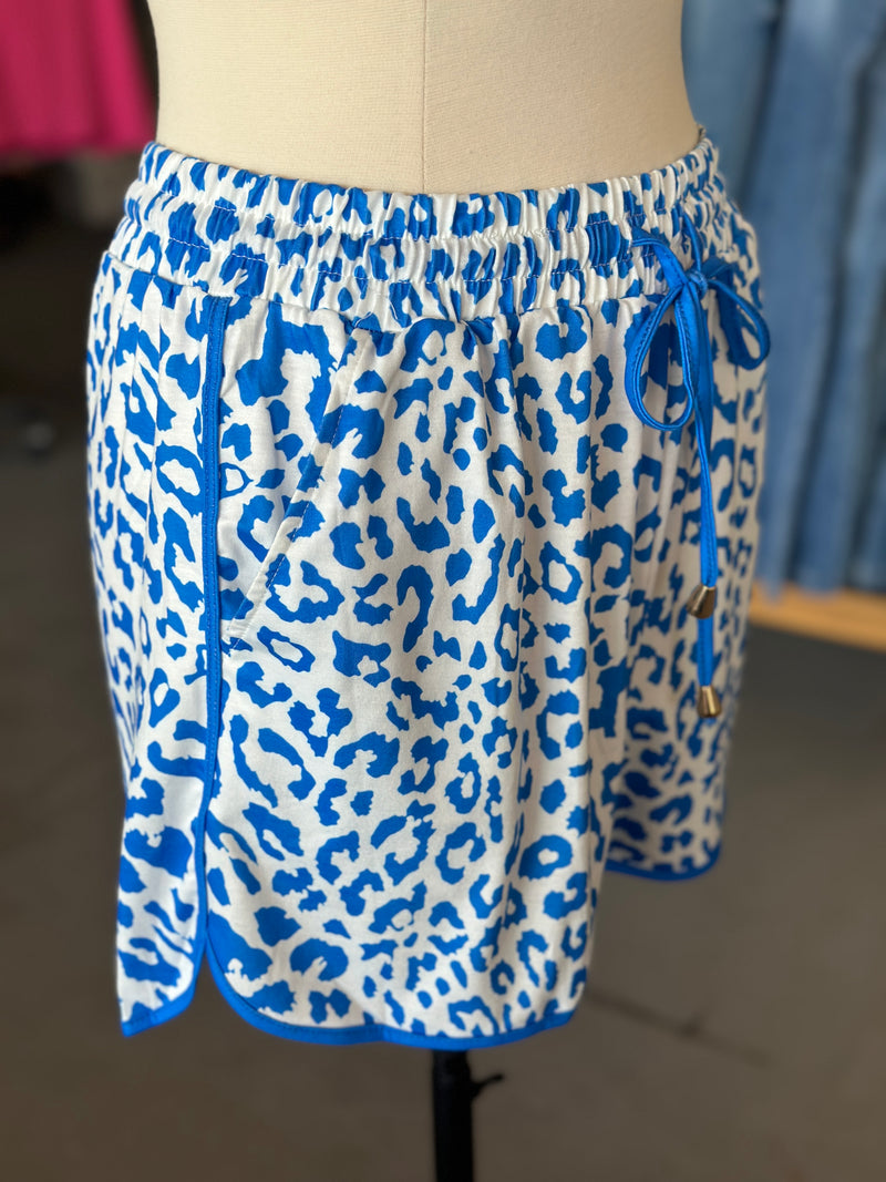 Women's Blue Leopard Elastic Waist Casual Short