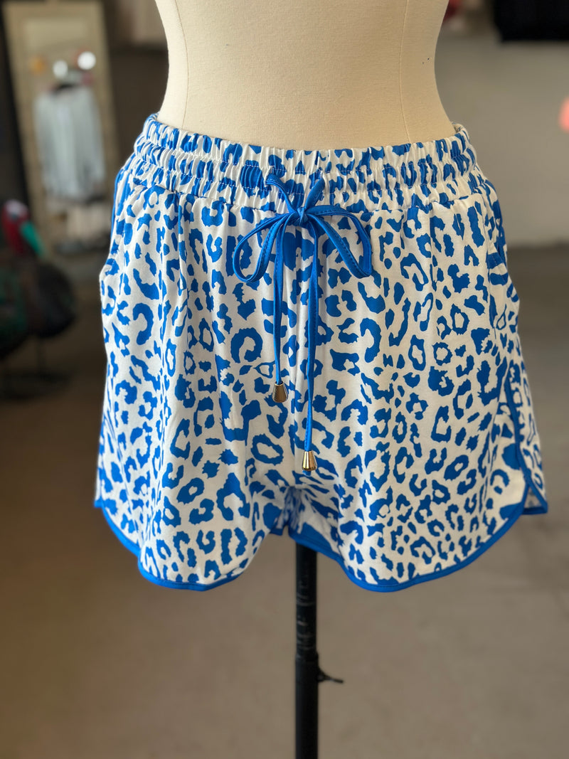 Women's Blue Leopard Elastic Waist Casual Short