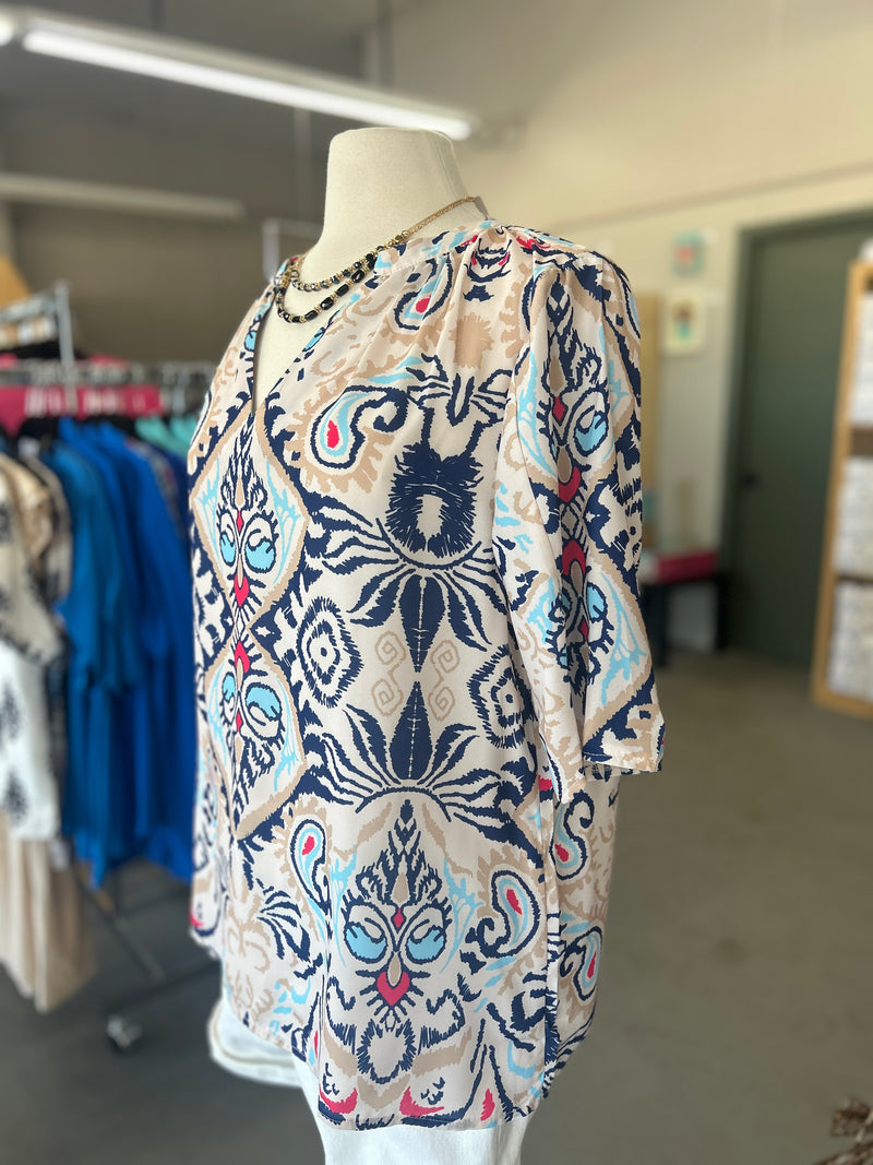 Women's Boho Abstract Notch Sleeve V-Neck Blouse