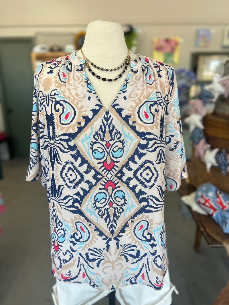 Women's Boho Abstract Notch Sleeve V-Neck Blouse