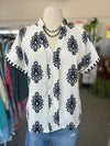 Women's Boho Geometric Print Short Sleeve V-Neck Blouse