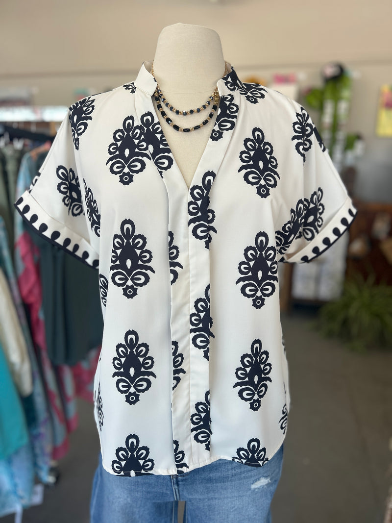 Women's Boho Geometric Print Short Sleeve V-Neck Blouse