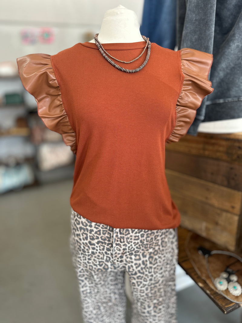 Women's Brown Round Neck Top with Leather Ruffle Sleeve