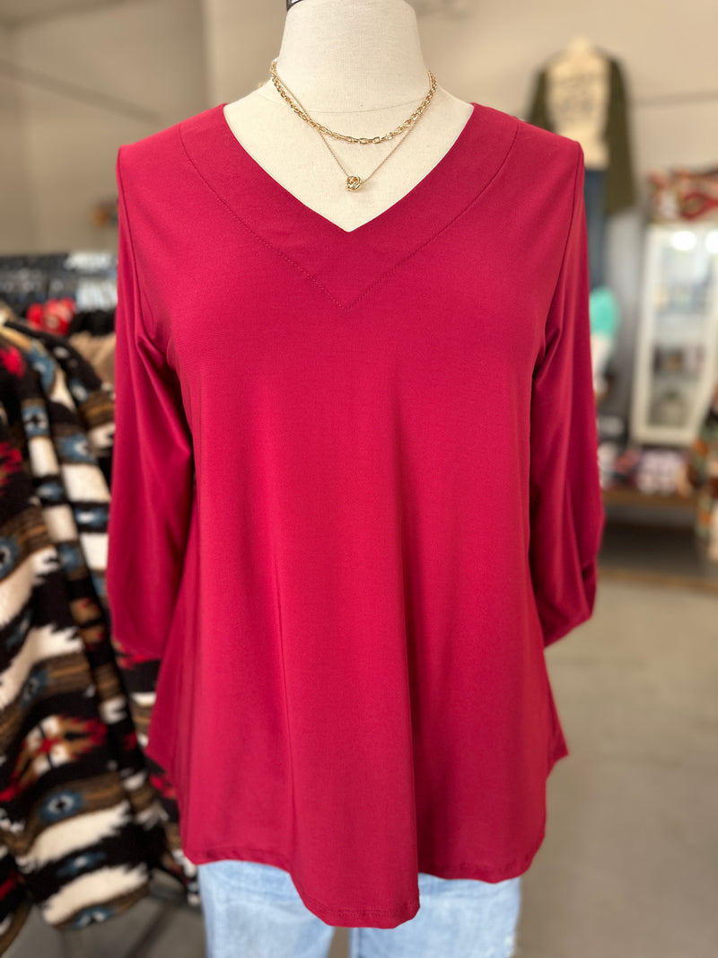 Women's Burgundy 3/4 Sleeve Solid Knit Top