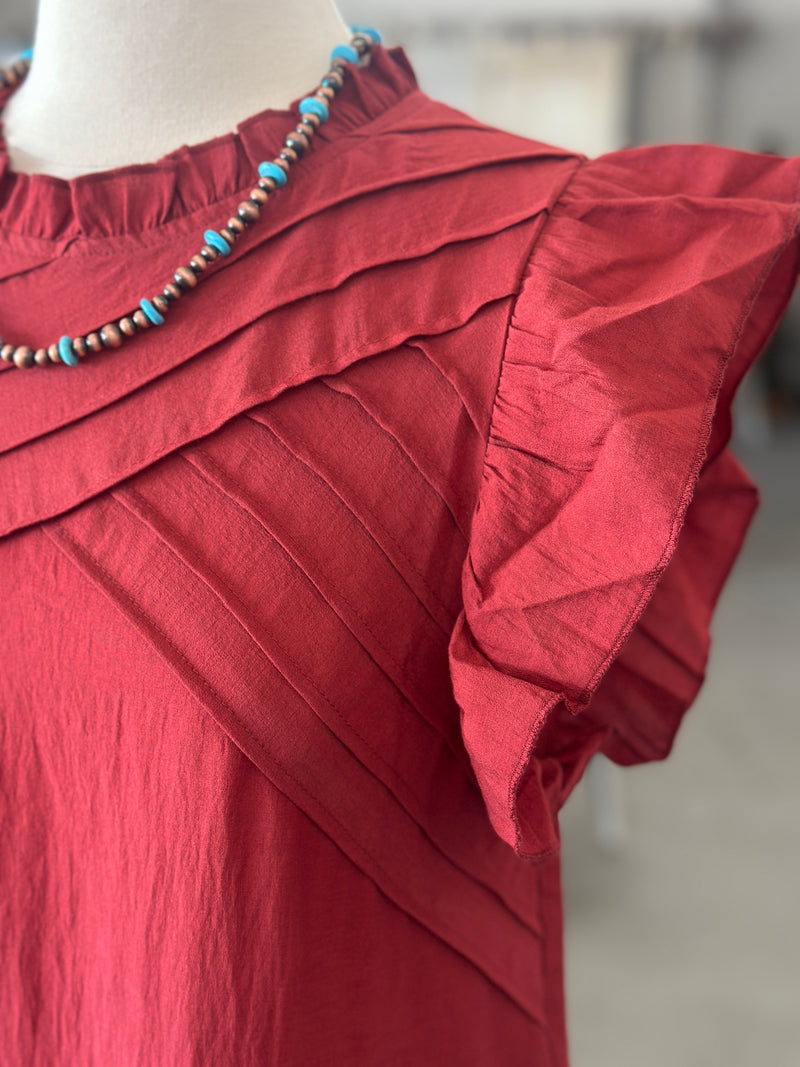 Women's Burgundy Pleated Detailed Ruffle Short Sleeve Blouse
