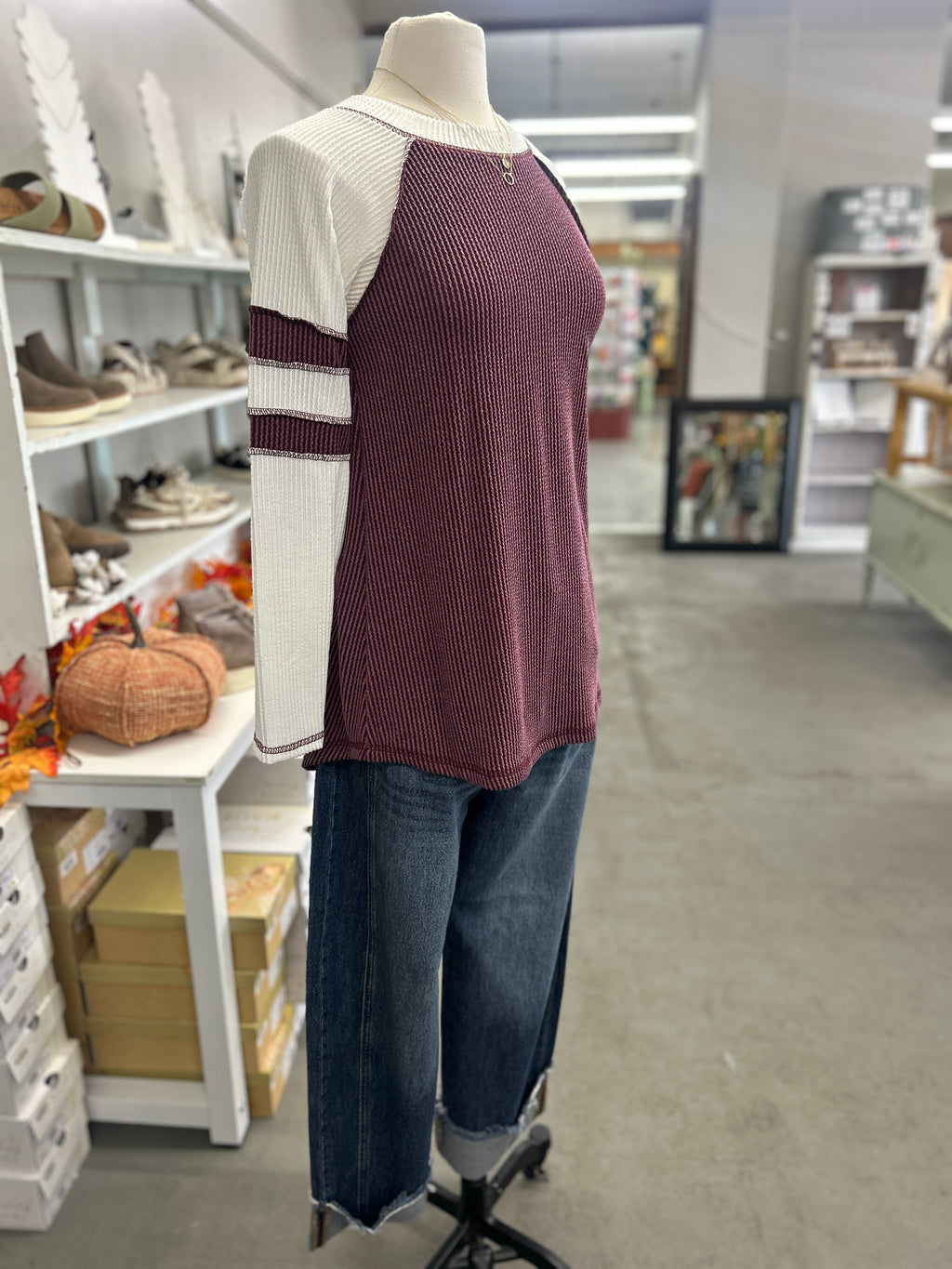Women's Burgundy Rib Tunic with Contrast Sleeves