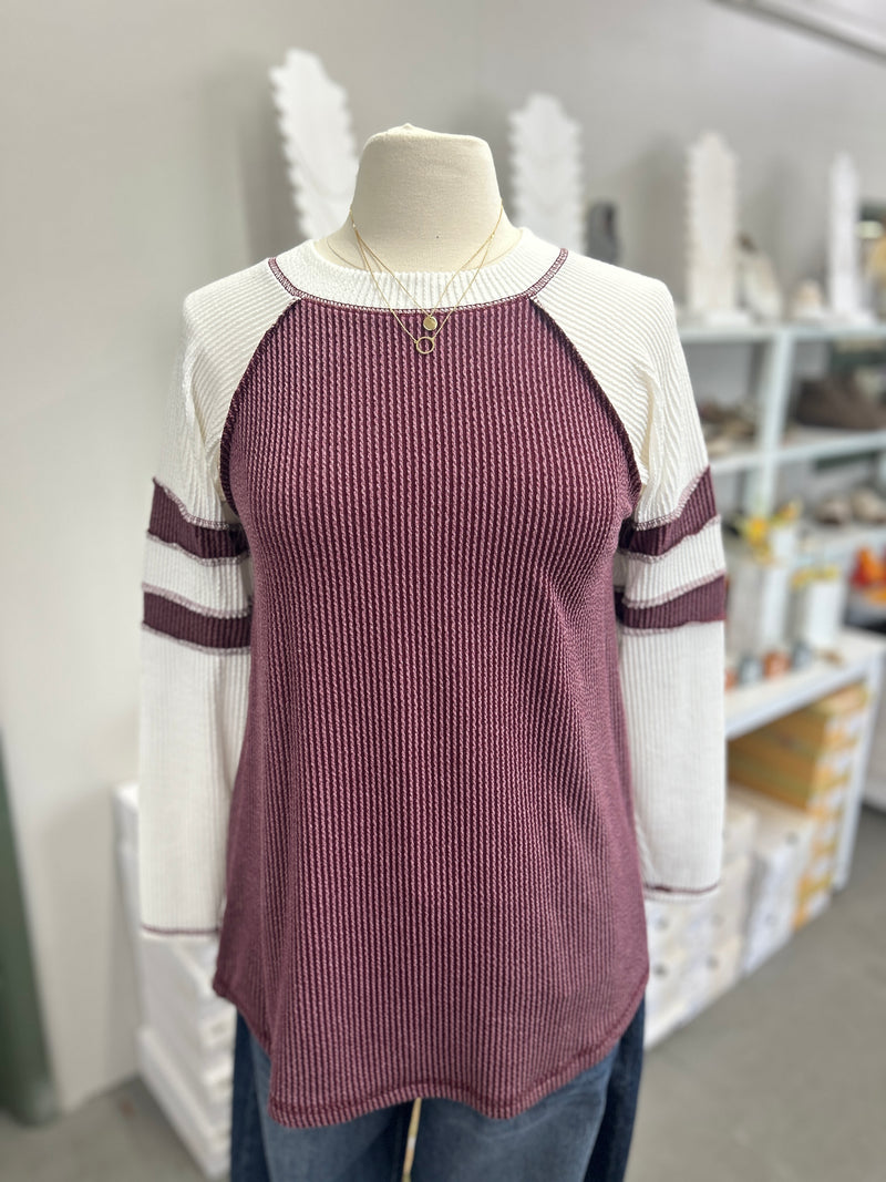 Women's Burgundy Rib Tunic with Contrast Sleeves