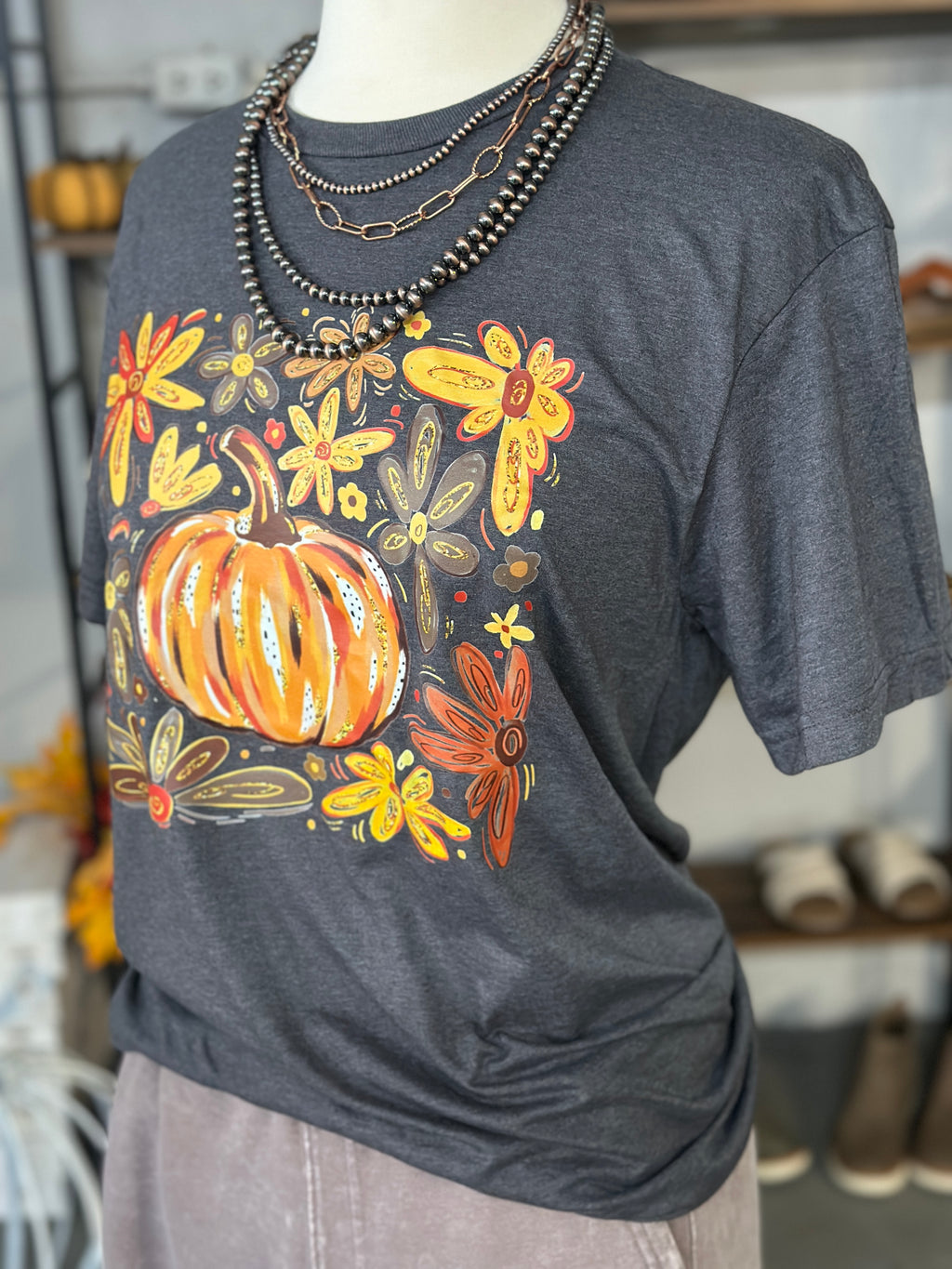 Women's Charcoal Pumpkin Floral Crew Neck Tee