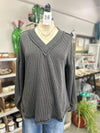 Women's Charcoal Ribbed V-Neck Oversized Knit Top