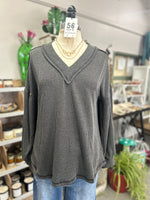 Women's Charcoal Ribbed V-Neck Oversized Knit Top