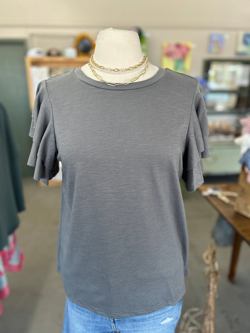 Women's Charcoal Round Neck Top with Layered Ruffle Sleeve
