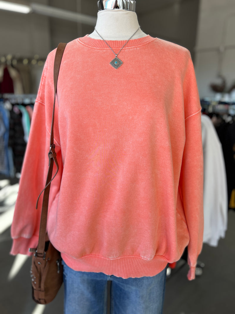 Women's Coral Acid Wash Oversized Pullover Sweatshirt