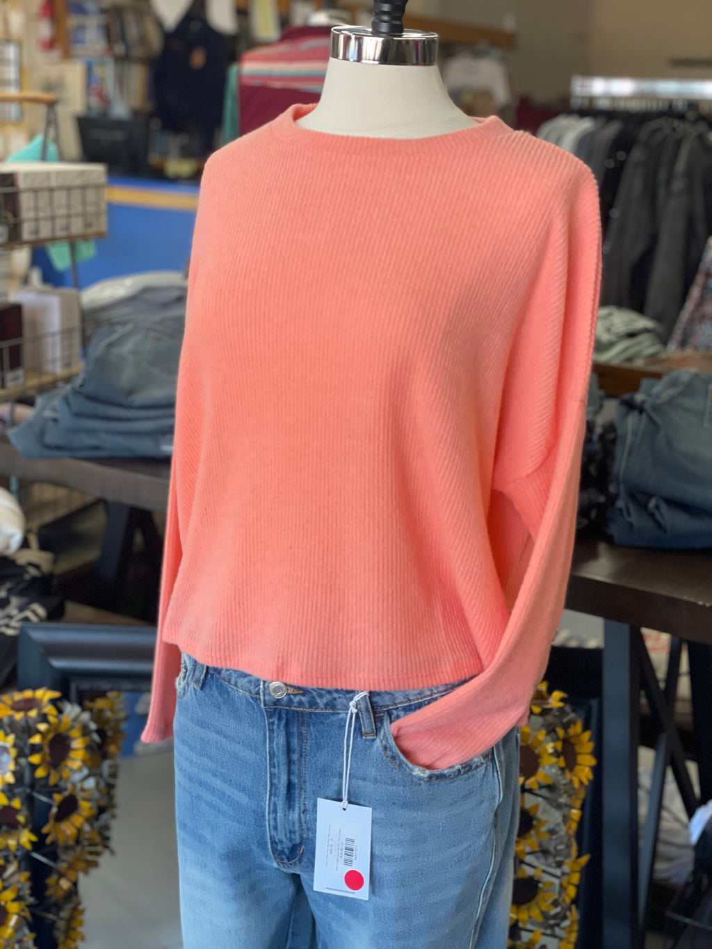 Women's Coral Ribbed Dolman Long Sleeve Sweater