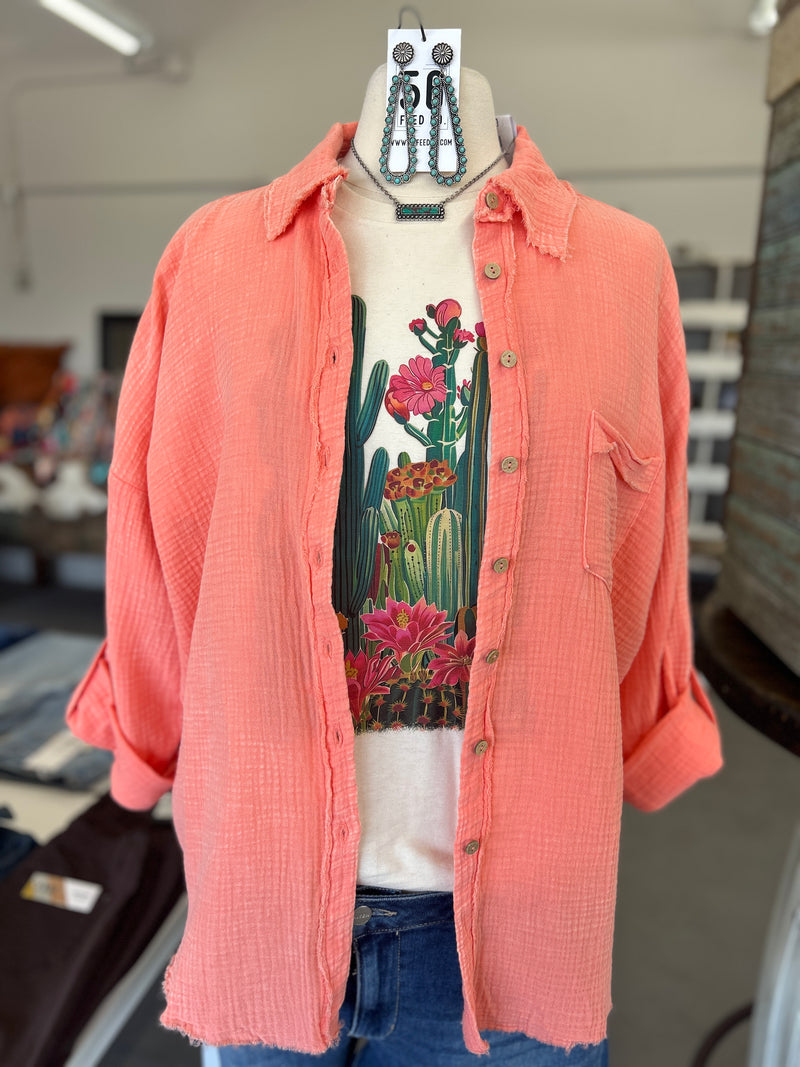 Women's Coral Washed Double Gauze Button Down Shirt