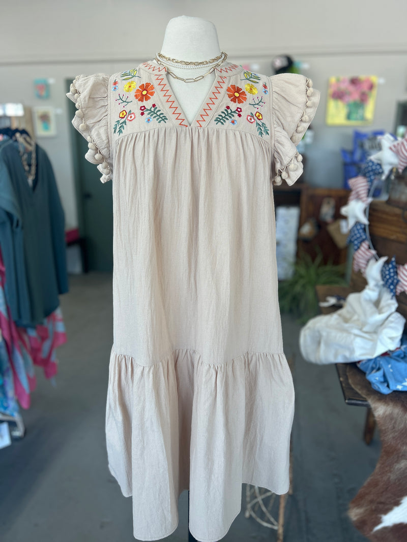 Women's Cream Linen Embroidered Pom Pom Flowy Sleeved Dress