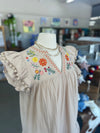 Women's Cream Linen Embroidered Pom Pom Flowy Sleeved Dress
