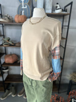 Women's Cream Plaid Colorblock Patched Sleeve Raw Seam Sweatshirt