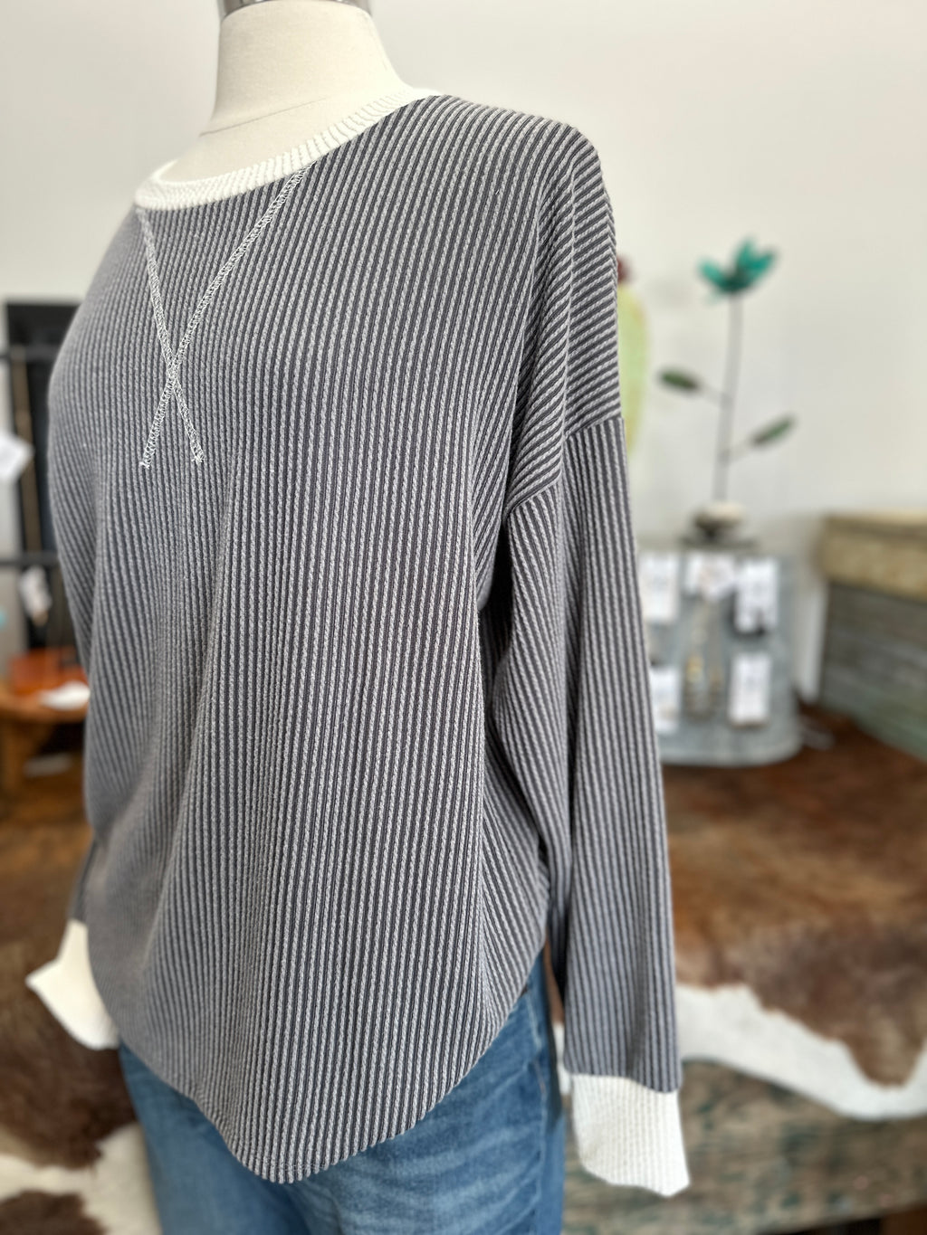 Women's Dark Grey Rib Textured Drop Shoulder Pullover Top