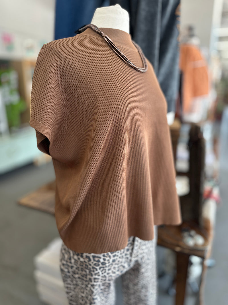 Women's Deep Camel Viscose Mock Neck Short Sleeve Boxy Sweater