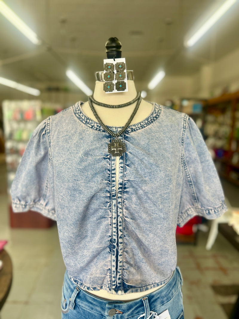 Women's Denim Crop Top with Ruching Detail