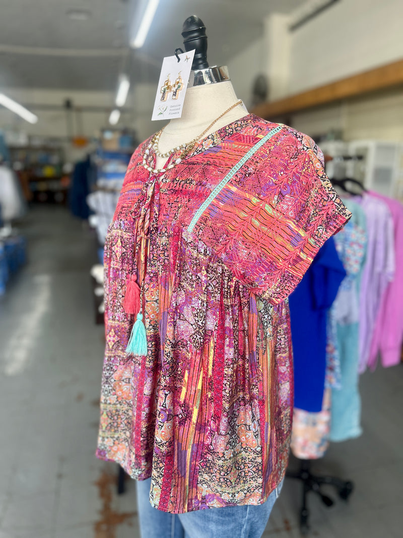 Women's Dolman Sleeve Red + Pink Print Short Sleeve Blouse