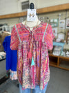 Women's Dolman Sleeve Red + Pink Print Short Sleeve Blouse