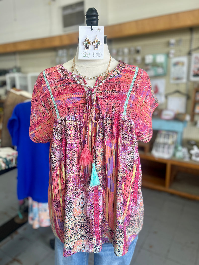 Women's Dolman Sleeve Red + Pink Print Short Sleeve Blouse