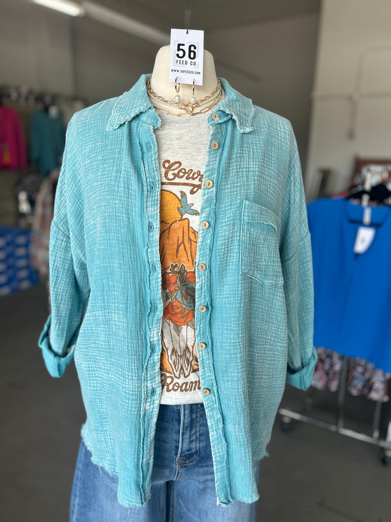 Women's Dusty Teal Washed Double Gauze Button Down Shirt