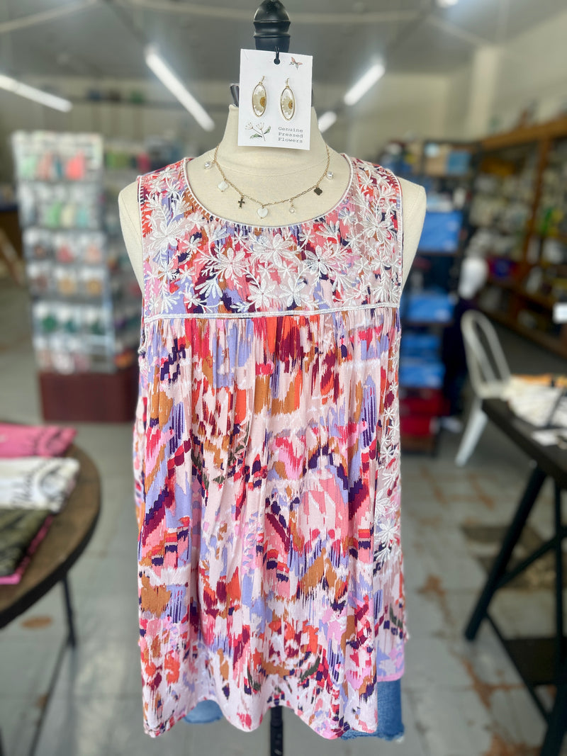 Women's Embroidered Print Tank Top with Round Neckline