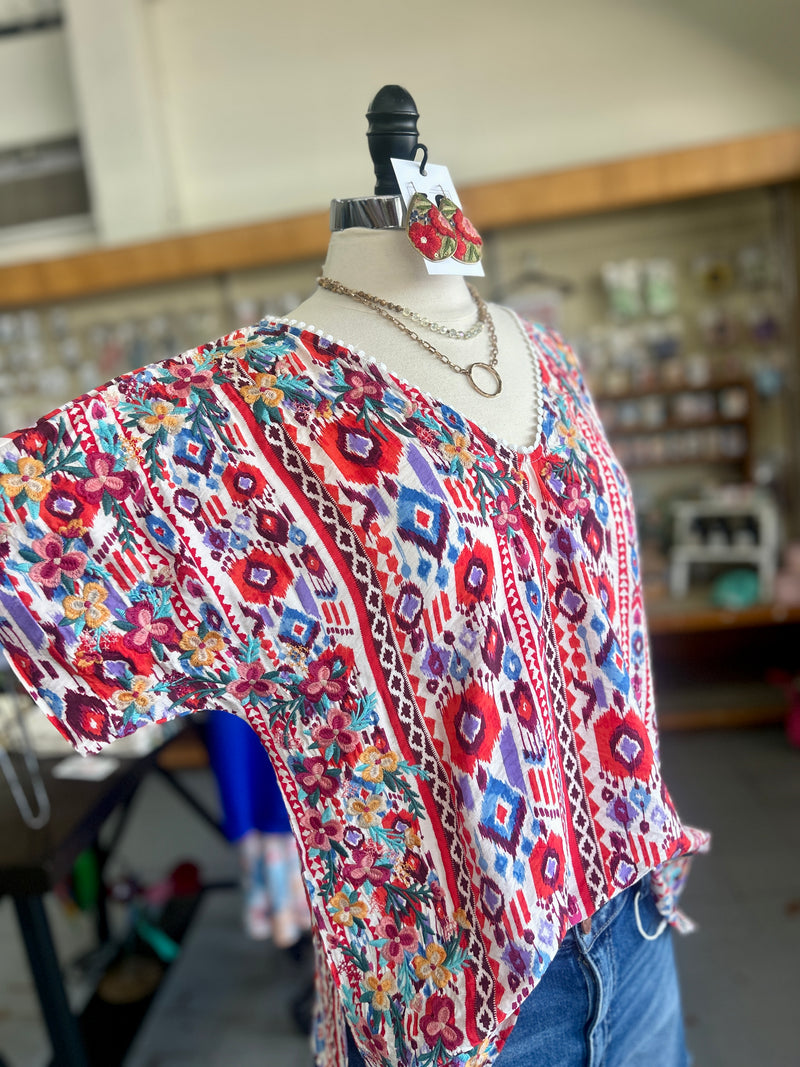 Women's Floral Print Embroidered Neckline with Pom Pom Short Sleeve Top