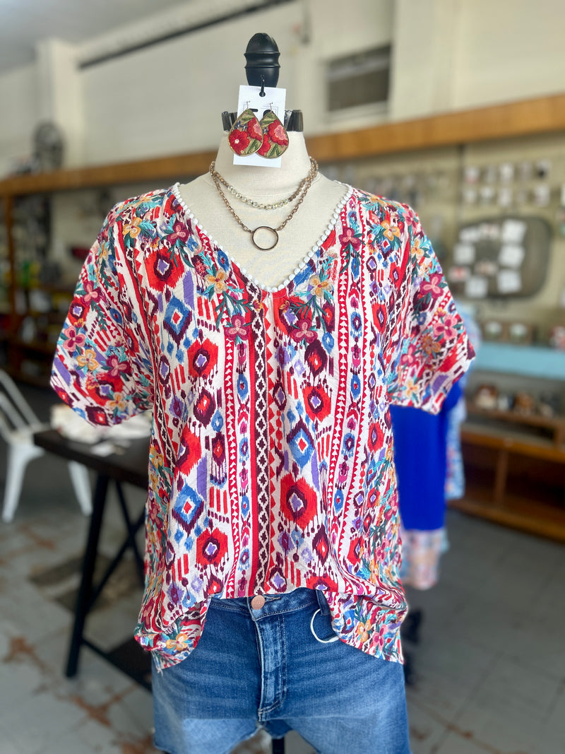 Women's Floral Print Embroidered Neckline with Pom Pom Short Sleeve Top