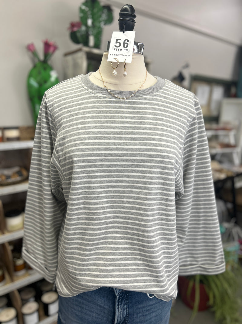 Women's Heather Grey Striped French Terry Casual Knit Top