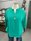 Women's Kelly Green Long Sleeve Solid Woven Top