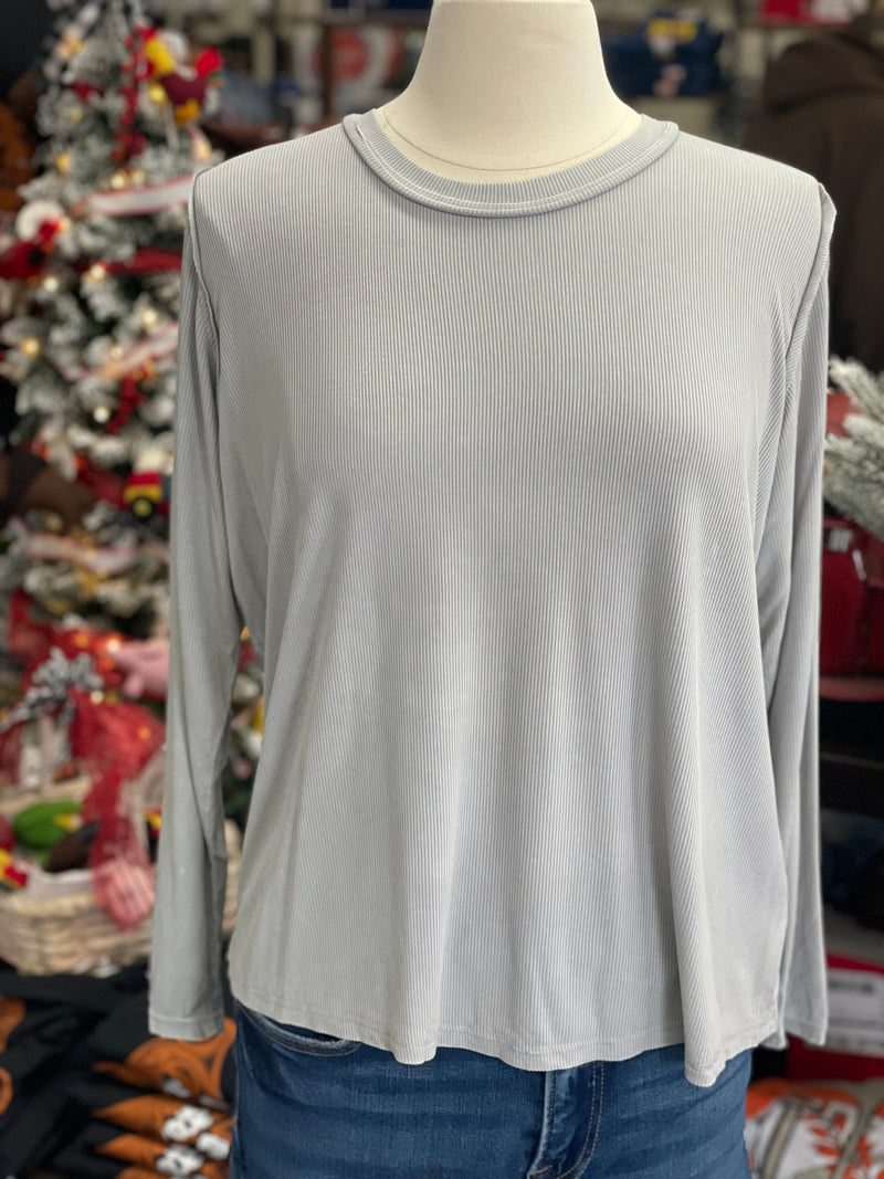 Women's Light Grey Washed Ribbed Scoop Neck Long Sleeve Top