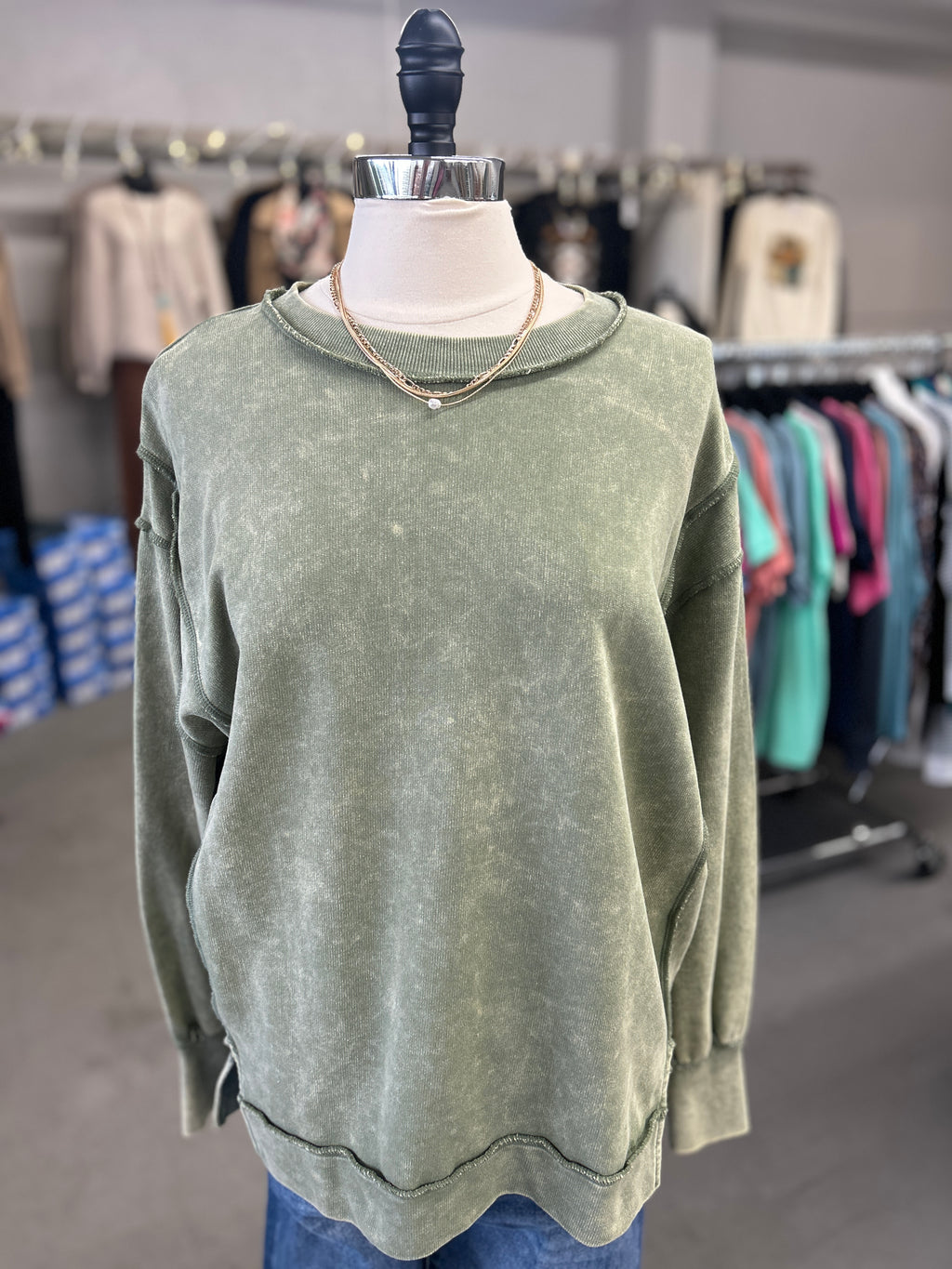 Women's Light Olive Acid Wash French Terry Sweatshirt