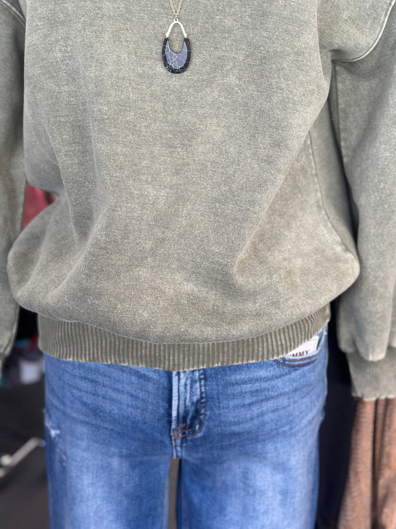 Women's Light Olive Acid Wash Oversized Pullover Sweatshirt