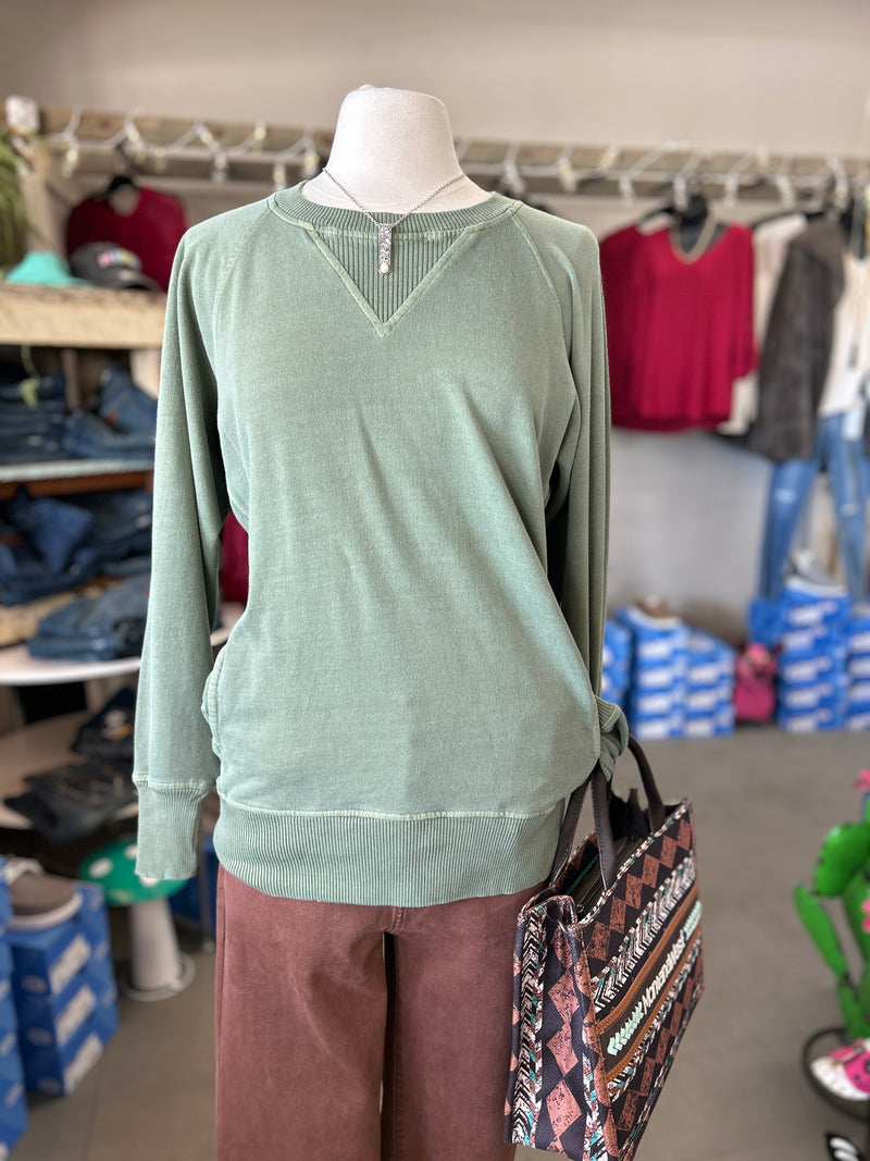 Women's Light Olive Pigment Dyed French Terry Pullover with Pockets