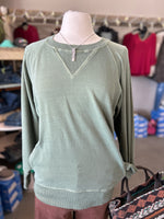 Women's Light Olive Pigment Dyed French Terry Pullover with Pockets