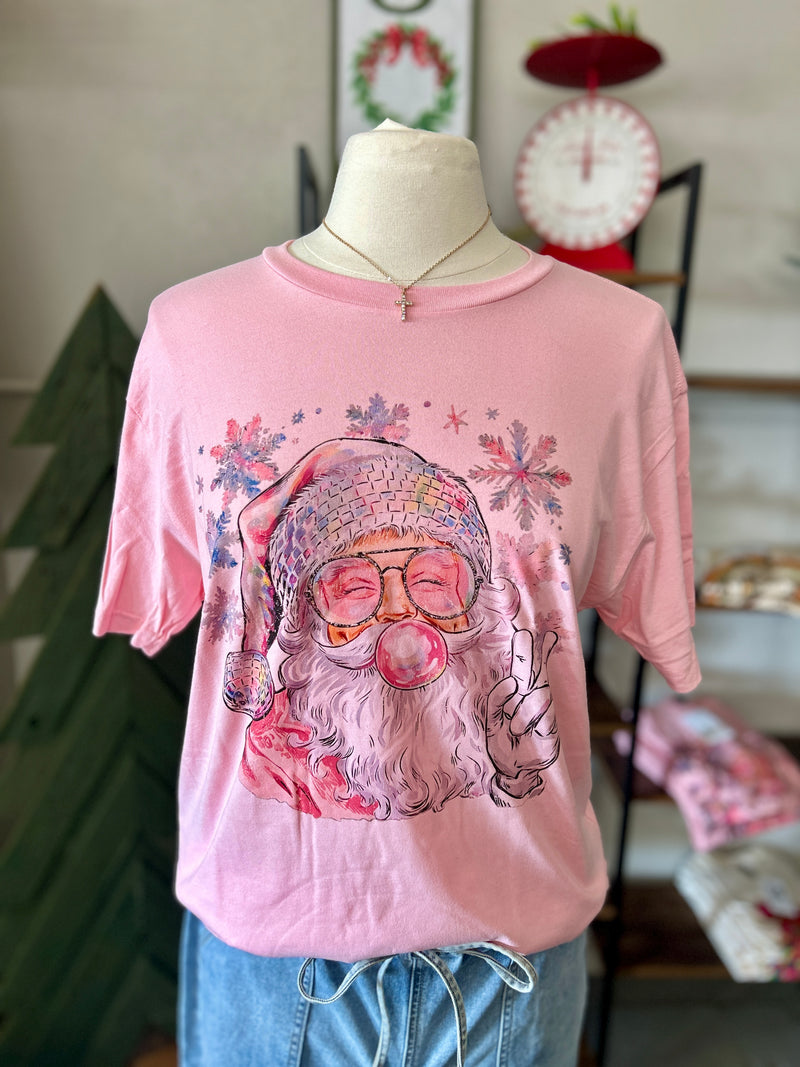 Women's Light Pink Cutesy Santa Christmas Tee