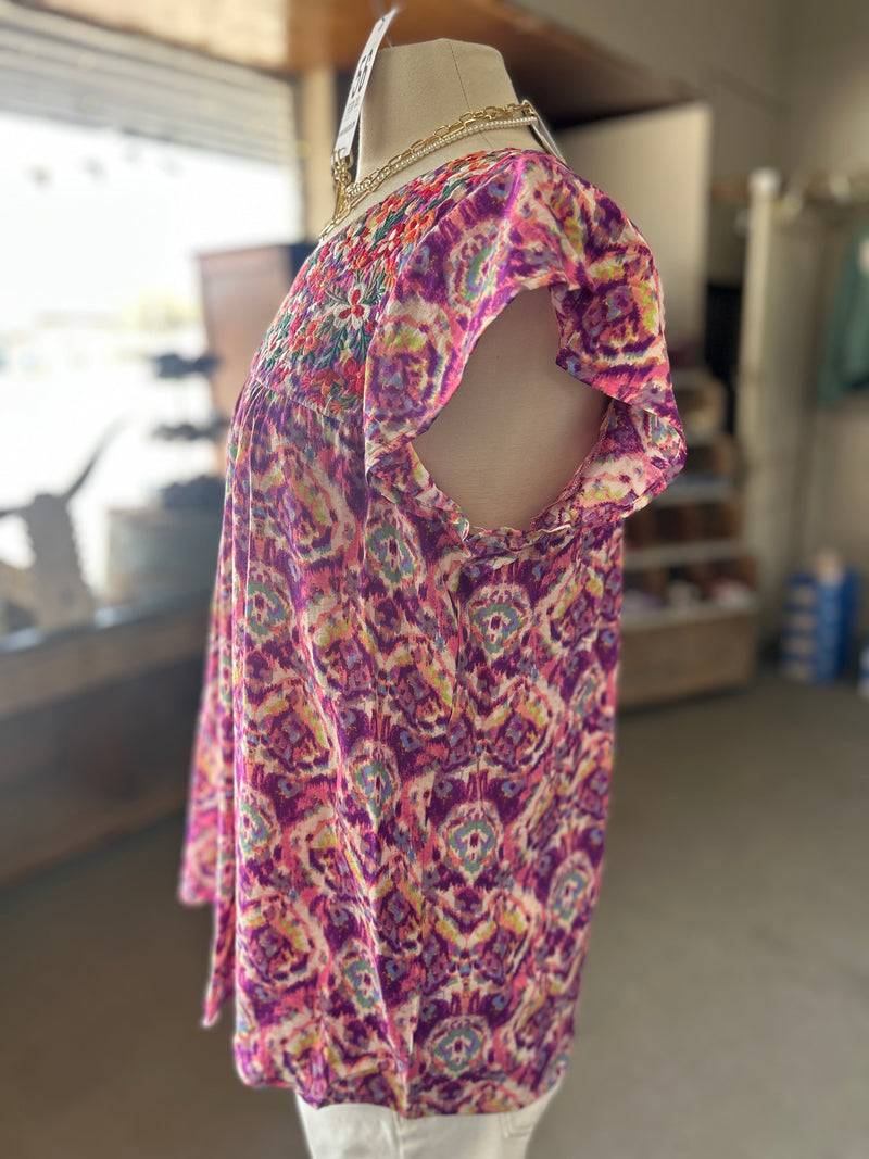 Savanna Jane | Women's Magenta Embroidered Round Neck Flutter Sleeve Top