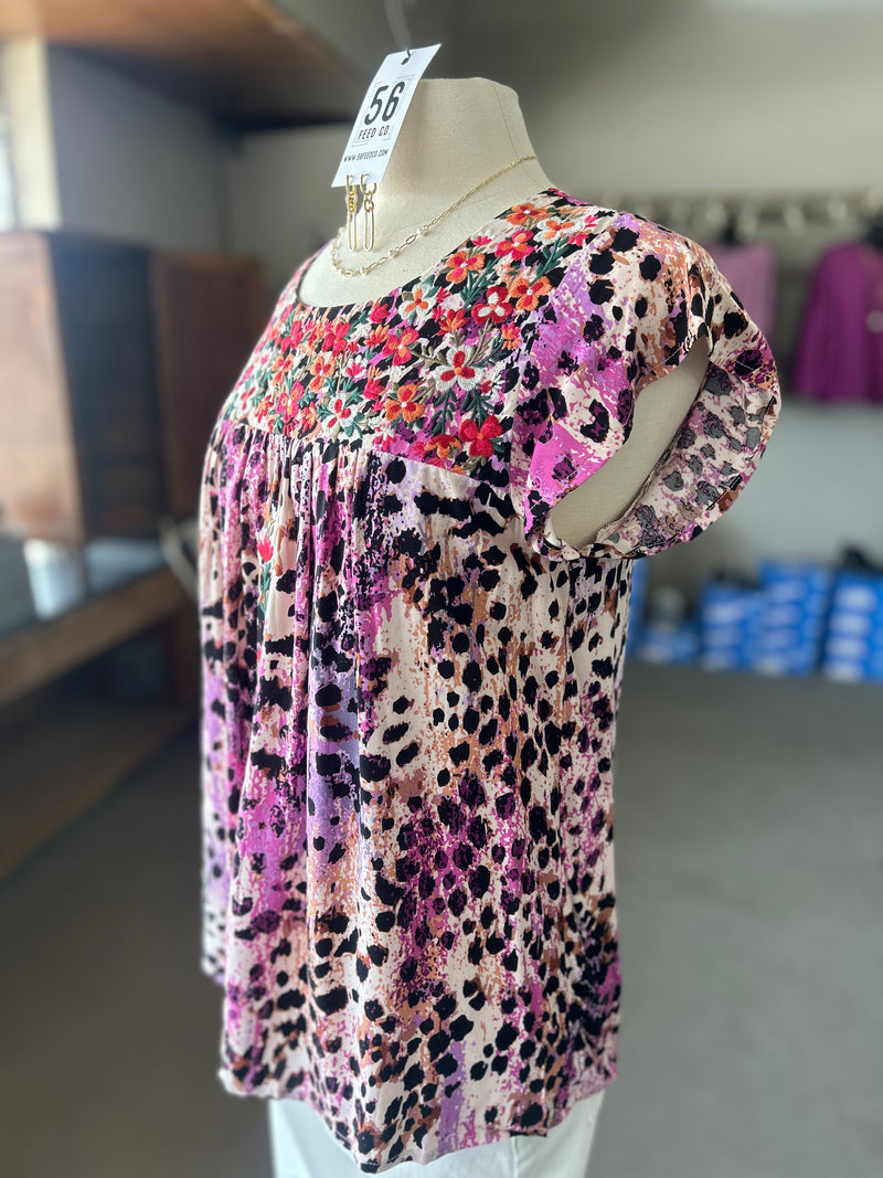 Savanna Jane | Women's Magenta + Black Spot Embroidered Round Neck Flutter Sleeve Top