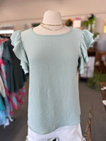 Women's Mint Solid Colored with Ruffled Sleeve Casual Blouse