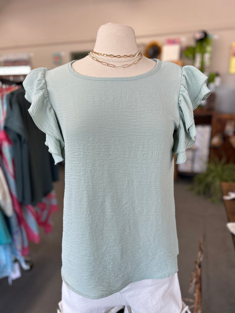 Women's Mint Solid Colored with Ruffled Sleeve Casual Blouse