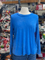 Women's Ocean Blue Washed Ribbed Scoop Neck Long Sleeve Top