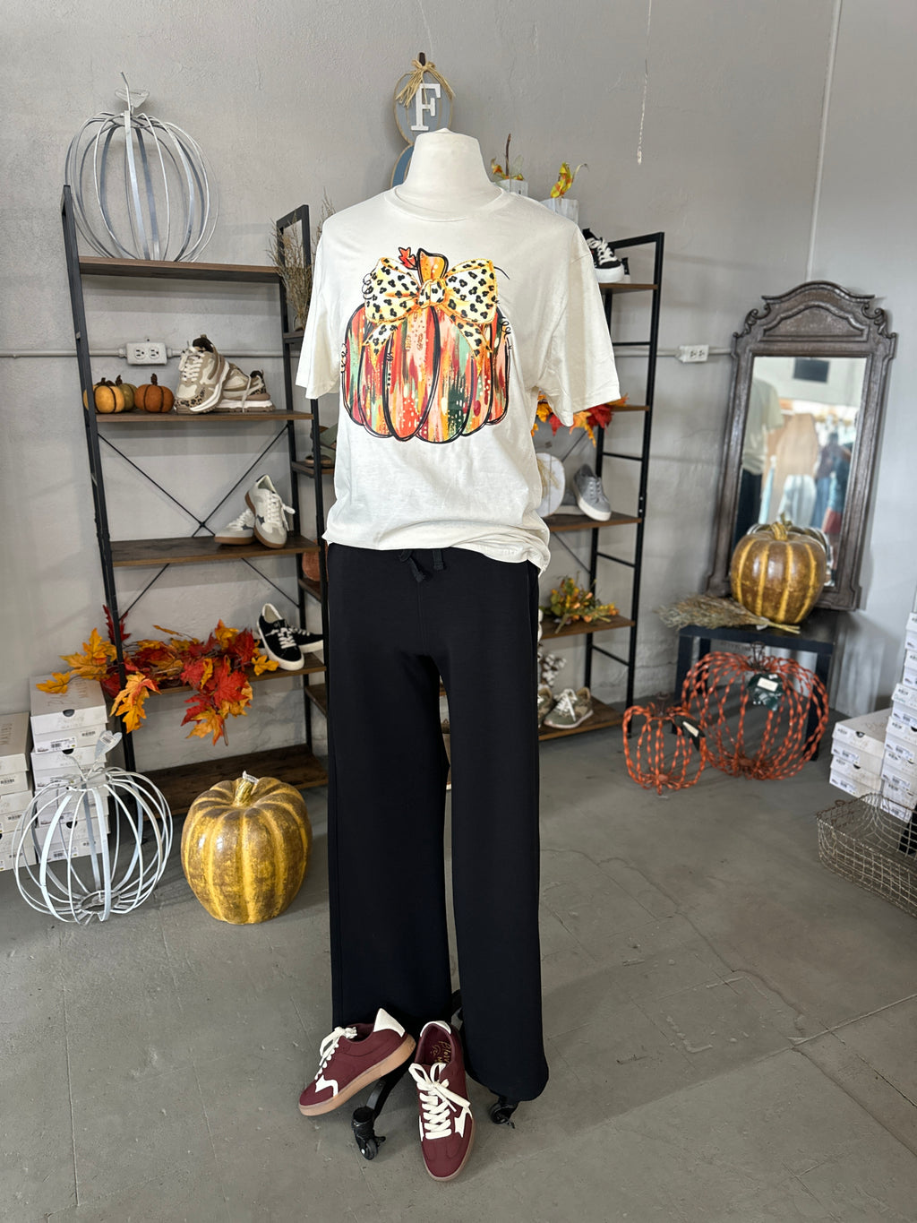 Women's Off White Gold Glitter Pumpkin Crew Neck Tee