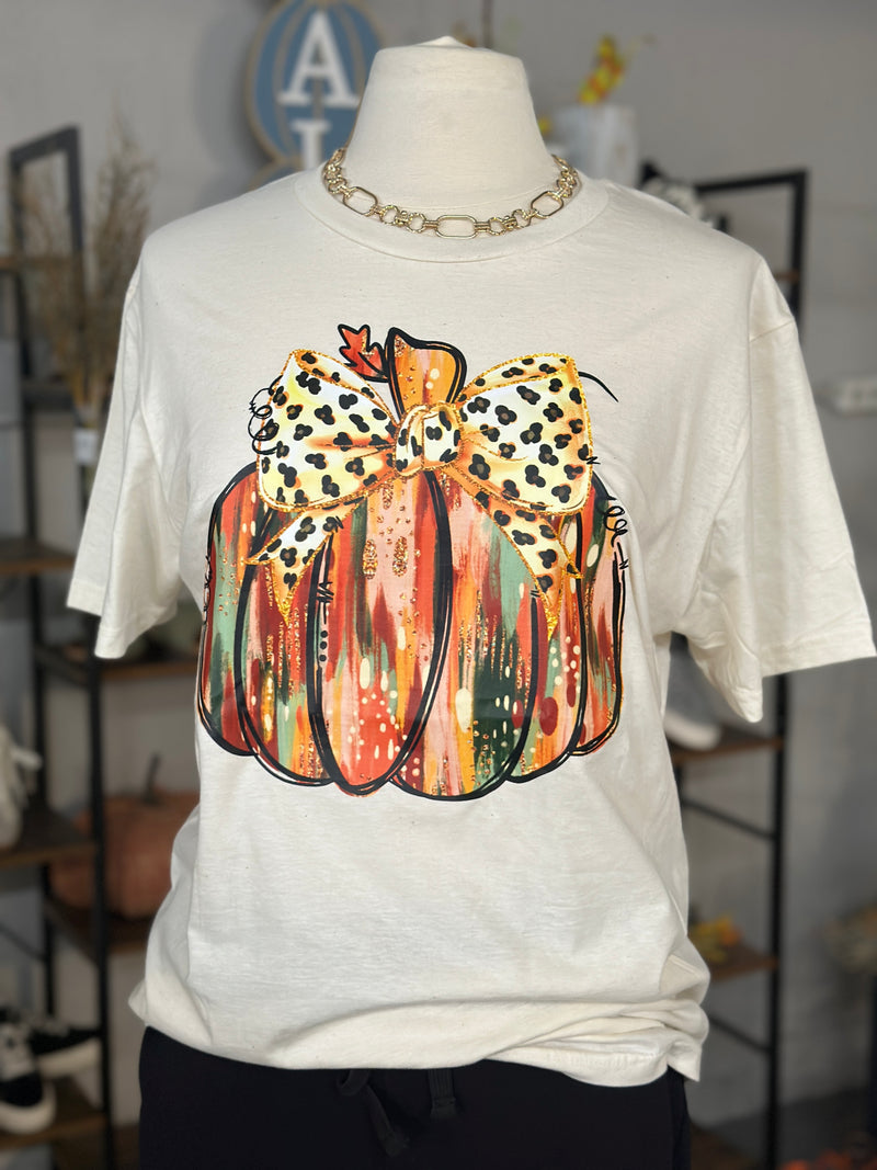 Women's Off White Gold Glitter Pumpkin Crew Neck Tee