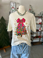 Women's Off White Watercolor Christmas Tree Crew Neck Tee